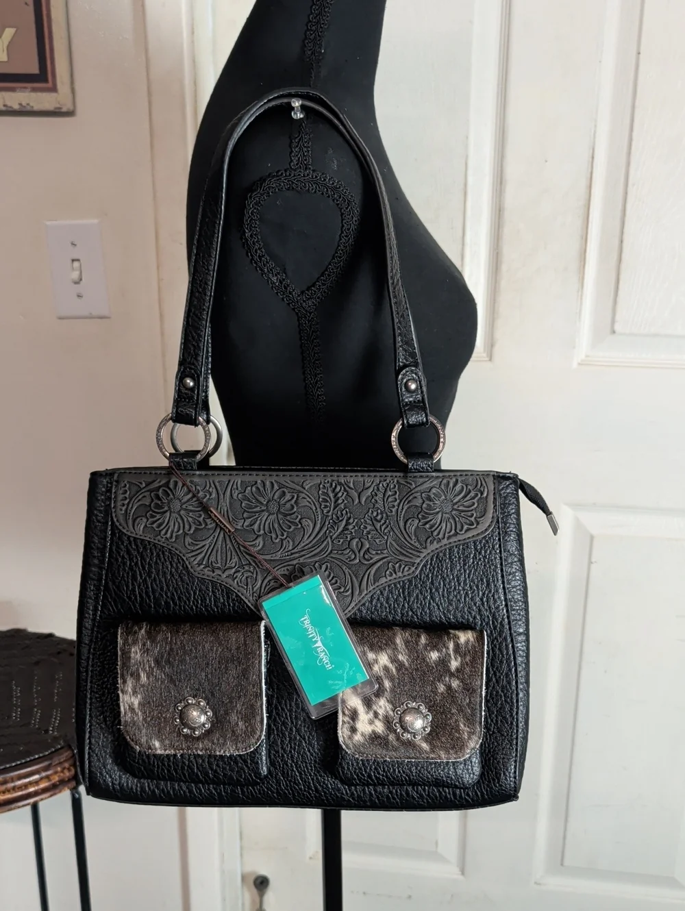 Trinity Ranch Genuine Hair-On Cowhide Tooled Collection Concealed Carry Tote NEW